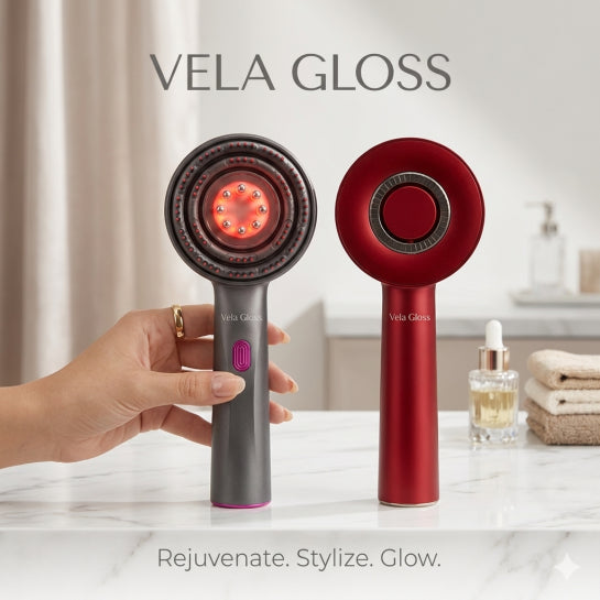 Two Vela Gloss devices on a bathroom counter with text 'Rejuvenate. Stylize. Glow.'