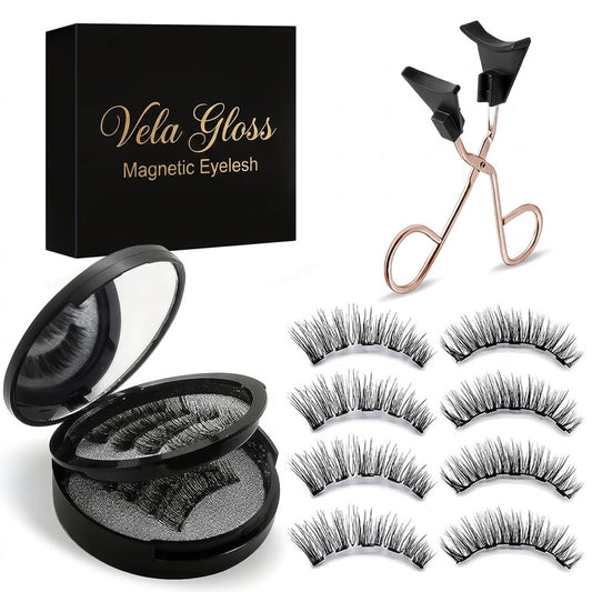 Vela Gloss magnetic eyelash set with applicator and packaging on a white background