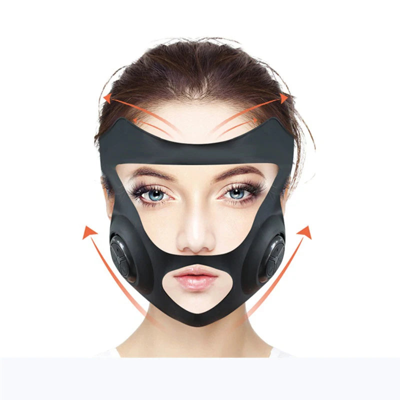 Woman wearing a black facial exercise mask with visible branding on a white background