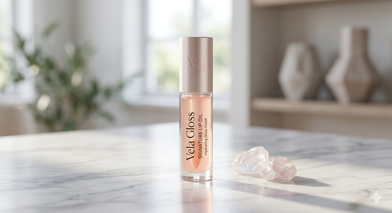 Vela Gloss Signature Lip Oil in a clear tube with a doe-foot applicator showing a glossy tinted formula on a white background