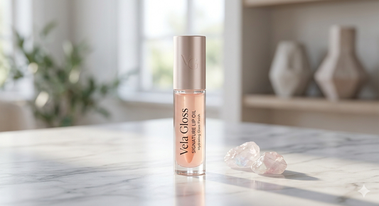 Vela Gloss Signature Lip Oil in a clear tube with a doe-foot applicator showing a glossy tinted formula on a white background