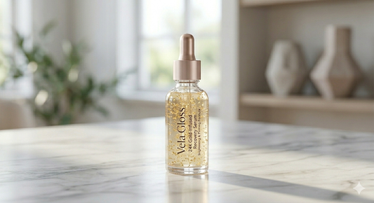 Vela Gloss skincare serum bottle on a marble surface with a blurred indoor background