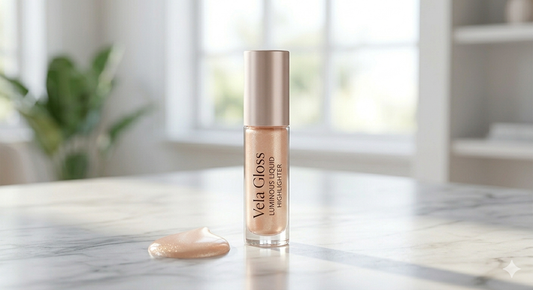 Vela Gloss lipgloss on a marble surface with a blurred background