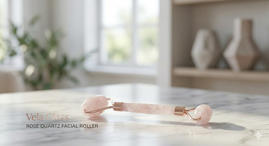 Rose quartz facial roller on a marble surface with a blurred indoor background